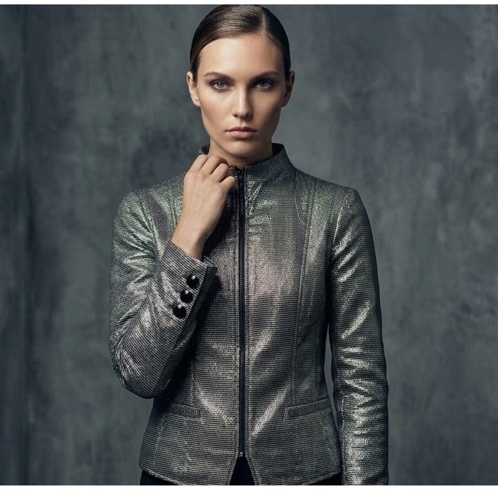 Carlisle Metallic Silver Black Textured Zip Front Mock Neck Jacket Womens Size 2